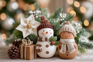 Cute gingerbread snowman couple with a gift for christmas.