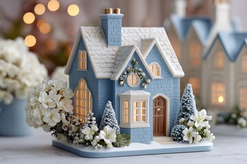 Blue miniature christmas house decoration with glowing lights.