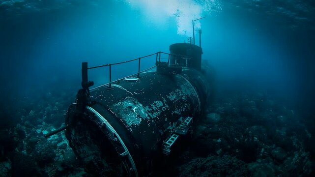 Sunken submarine resting on ocean floor surrounded by deep blue water and marine growth creating an eerie underwater exploration scene
