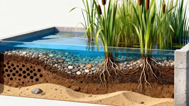 Medium shot capturing subsurface flow wetland system with visible porous media and emergent plants aiding in natural sewage purification.