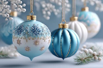 Blue and white christmas ball ornaments with snowflake design.