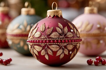 Ornate red and gold christmas ball ornaments on a table.