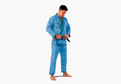 Man In Gi Jiu Jitsu Martial Arts Tying Belt Mockup