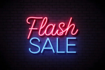 Neon 'FLASH SALE' sign in pink and blue cursive on dark brick wall; vibrant urban aesthetic with glowing effects and sharp contrast. Perfect for promotions.