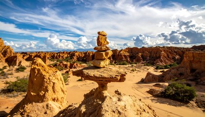 Striking desert panorama featuring stacked rocks, eroded terrain, and a cloudy sky