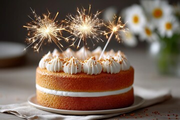 Festive birthday cake with lit sparklers ready for celebration.
