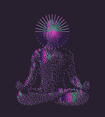 Pixelated digital illustration in a glitch art style features a meditating human figure composed of scattered purple, pink, and cyan dots on a dark background.