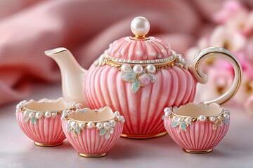 Elegant vintage pink tea set with delicate cherry blossoms.