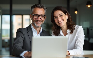 Fototapeta premium Two middle age business workers smiling happy and confident. Working together with smile on face using laptop at the office. High quality