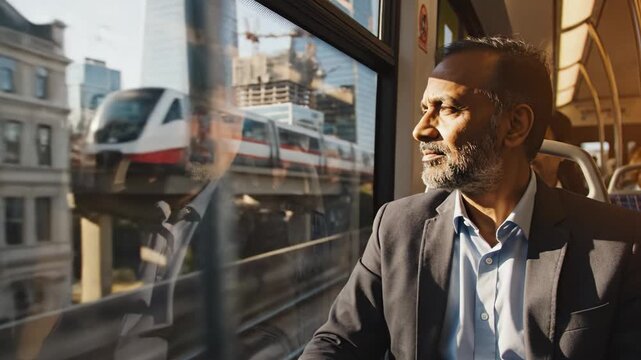 Middle-aged businessman in suit sits on train looking out window at city buildings. He looks pensive during his daily commute. Perfect for business travel and urban lifestyle concepts.