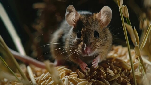 Small brown mouse with pink ears and whiskers looking left.