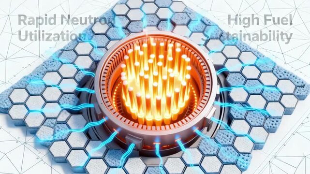 Medium shot highlighting fast reactor fuel cycle advancements emphasizing rapid neutron utilization and high fuel sustainability.