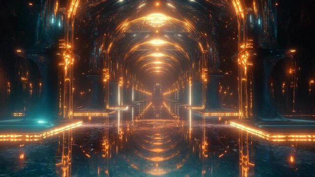 A mesmerizing hall of mirrors illuminated by golden light stretches infinitely, blending reflections, architecture, and surreal design into a dreamlike vision of symmetry elegance, and timeless beauty