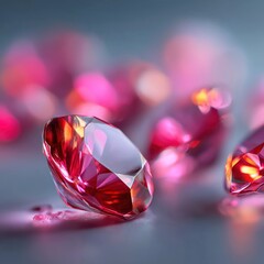 Pink ruby gemstones sparkling on a reflective surface.