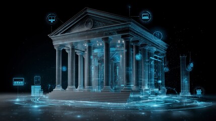 A digital rendering of a neoclassical building, integrated with a futuristic technology design, showcasing interconnected systems and data