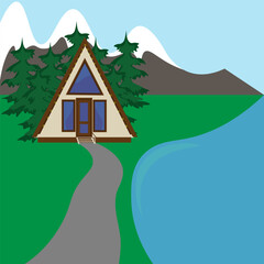 In the forest, a triangular eco-house on the shore of a mountain lake near the mountains. A concept of recreation and ecotourism.