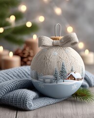 Christmas ball ornament with a painted winter landscape scene.