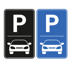 Parking signs with the letter P and the frontal silhouette of a car. Vector illustration isolated on a white background
