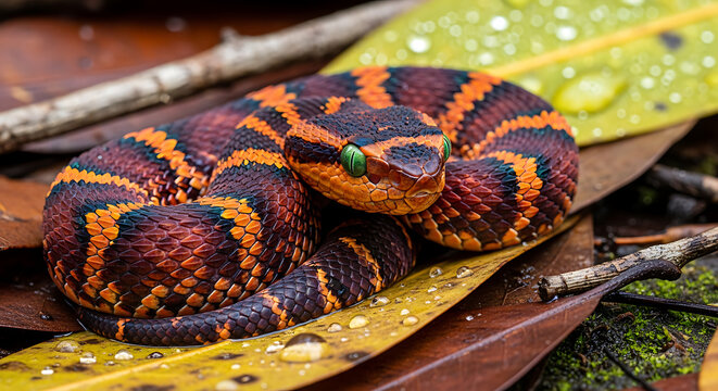  Crimson Guardian Coiled Pit Viper on Dew Kissed Jungle Foliage