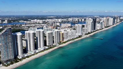 Fototapeta premium Sunny Isles Skyline At Sunny Isles Beach In Florida United States. Stunning Cityscape. Beach Landscape. Highrise Buildings. Sunny Isles Skyline At Sunny Isles Beach In Florida. Nature Background.
