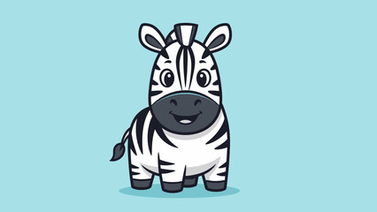Cute cartoon baby zebra character standing and smiling, on light blue studio background © Suro