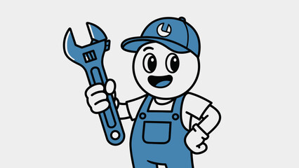 Happy cartoon mechanic character in blue overalls holding an adjustable wrench, smiling confidently, isolated white background.