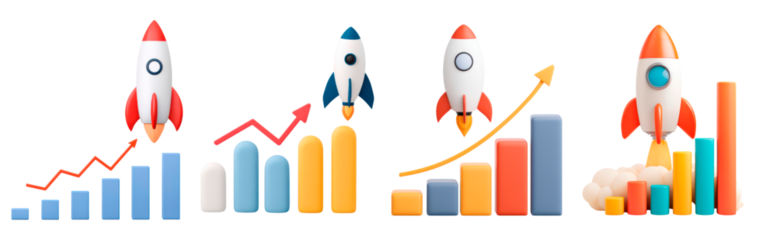 Set of rocket growth concept with business graphs and statistical trends for success and innovation on transparent background