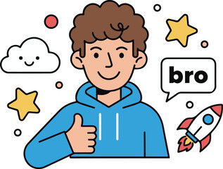 Vector cartoon illustration of a smiling teenage boy with curly hair wearing a blue hoodie and giving a thumbs up, surrounded by fun doodle elements like stars, a rocket, a smiling cloud, and a speech