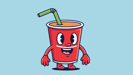 Happy Red Soda Cup Character Smiling on a Light Blue Background, Ready to Drink