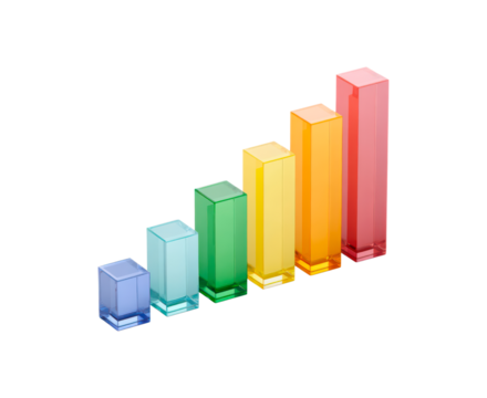 Colorful glass bar chart for data visualization and business growth analysis on transparent background - Powered by Adobe