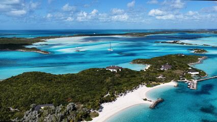 Exuma Skyline At Exuma Islands In Black Point Bahamas. Beach Landscape. Bay Harbor Scenery. Shades Of Blue Watercolor. Exuma Skyline In Exuma Islands In Black Point Bahamas. Amazing Caribbean Sea.