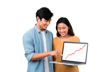 Young couple analyzing financial growth on laptop on transparent background