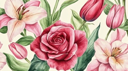 Exquisite floral pattern with roses, lilies and tulips in watercolor style