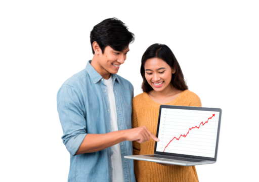 Young couple analyzing financial growth on laptop on transparent background - Powered by Adobe
