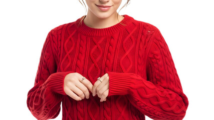Closeup of a young woman wearing a vibrant red cable knit winter sweater with intricate patterns, isolated on transparent background