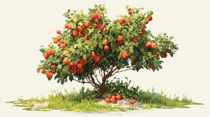 A digitally painted image of a flourishing apple tree heavy with ripe red fruit, set on a grassy knoll