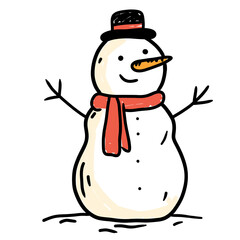 illustration: hand drawn winter snowman with red scarf and bowler isolated on white or transparent png