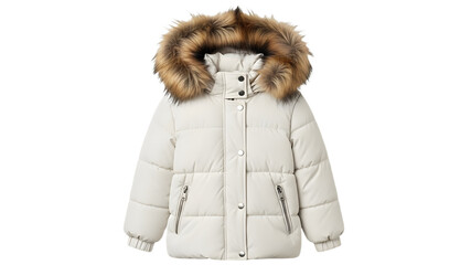 White puffer jacket for girls with fur hood trim isolated on transparent background