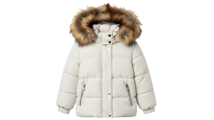 White puffer jacket for girls with fur hood trim isolated on transparent background