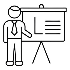 man giving a presentation in front of a whiteboard in a business setting with a simple line art style