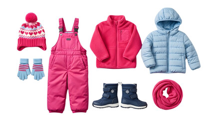 Collection of childrens winter clothing and accessories including pink overalls, jackets, hat, gloves, boots, and scarf isolated on transparent background