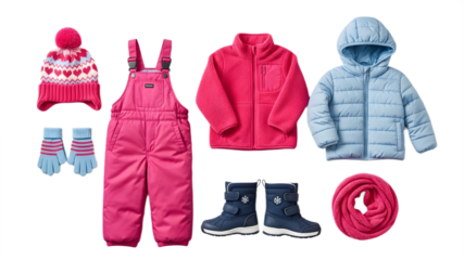 Collection of childrens winter clothing and accessories including pink overalls, jackets, hat, gloves, boots, and scarf isolated on transparent background