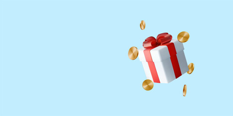 Gift box full of money, golden 3d coin award floating. Deposit income, finance investment revenue. Rich present concept, cash bonus vector. Invest fund, get profit of bank percent. Win lottery jackpot