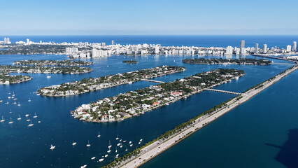 Miami Beach Skyline At Miami Beach In Florida United States. Stunning Cityscape. Beach Landscape. Highrise Buildings. Miami Beach Skyline In Florida United States. Nature Background.