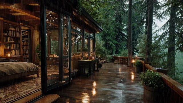 Cozy Forest Cabin Terrace During Rainy Evening 4K