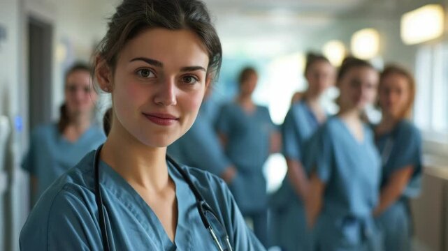 A young woman nurse wearing blue scrubs with a stethoscope around her neck. She is standing and smiling at the camera surrounded by other hospital staff members wearing matching uniforms.