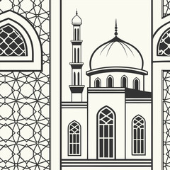 Islamic Architecture Illustration - Mosque with Dome, Minaret and Geometric Pattern Background