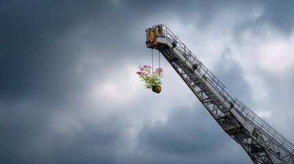 Naklejka premium Crane lifting flower pot against dramatic sky