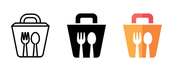 Colorful Lunch Box Icon Set with Utensils and Handles for Food Packaging Design