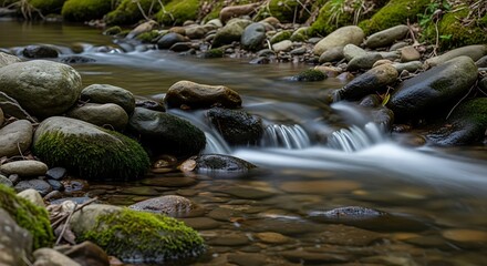 Obraz premium Gentle Stream Flowing Over Smooth River Stones with Peaceful Water Movement in Natural Outdoor Scene and Tranquil Nature Landscape